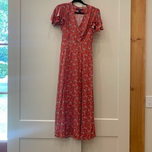 French Connection, Maxi Dress, 2, Flutter Sleeve, Red Dress with white floral